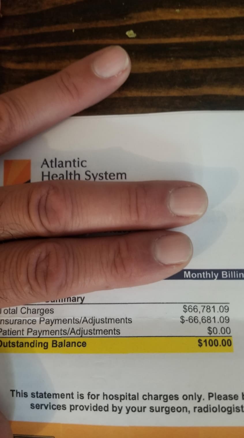 hand - Atlantic Health System Monthly Billin Summary Total Charges Patient PaymentsAdjustments $66,781.09 nsurance PaymentsAdjustments $66,681.09 $0.00 Outstanding Balance $100.00 This statement is for hospital charges only. Please services provided by yo